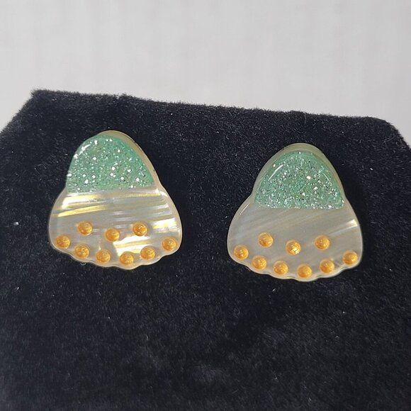 Peter + June Glittery Green & Pearl White Resin Holiday Halloween Stud Earrings - Picture 1 of 4